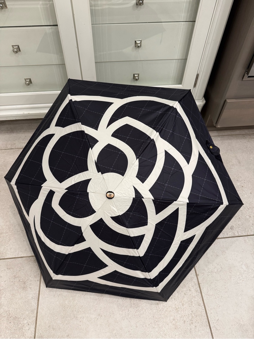 CHANEL Black and White Quilted Logo Compact Umbrella GWP